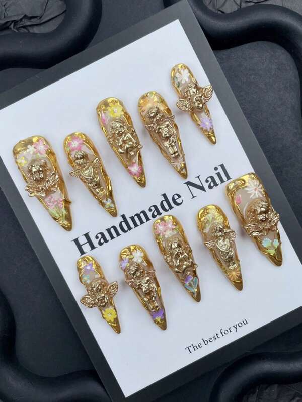 10 piezas Uñas góticas hechas a mano Lindas uñas acrílicas postizas estilo Y2K con decoraciones de flores 3D y ángeles, línea de arte, LARGAS, estilo stiletto, puntas francesas brillantes. Juego de uñas falsas para mujeres, niñas y madres para Halloween