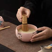 2pcs/Set Cherry Blossom Pink & Matcha Green Ceramic Tea Bowl, Whisk, Holder Set
