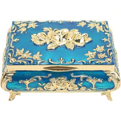 Caja de Joyería Vintage Exquisita con Diseño de Relieve de Rosa Brillante para Almacenamiento Decorativo (Azul dorado)