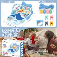 ESOLOM 6-In-1 Baby Play Mat Gym 0-12 Months Pink With Kick Piano Music Lights 5 Removable Toys Bear Rattle Soft Fabric Tummy Time Mat For Newborn Motor Skills Development (Blue) - 藍色 - 查看 7