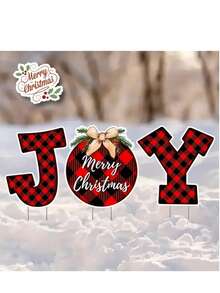 3 Peças Placa de Jardim Natalina JOY - Decoração de Jardim Natalina, Tema Natural e Externo, Estilo de Arte Decorativa, Estacas Decorativas de Jardim Natalino JOY, Material Plástico, Fácil Instalação com Suporte