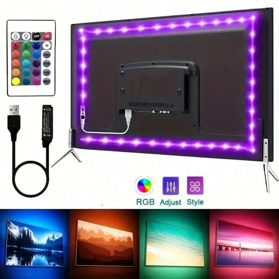 A Flexible RGB LED Decorative Strip Light Set, Featuring A 24-Key Remote Control And Powered By A 5V USB Supply. These Lights Come With Adhesive Backing For Easy Installation, Suitable For Use With Computers, Tvs, Cabinets, And Other Background - 彩色 - 查看 1