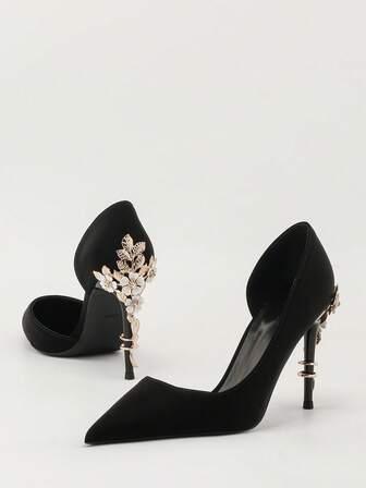 Fashionable Metallic Floral Pointed Toe Hollow Out High Heel Pumps, Sexy & Luxurious Women Shoes