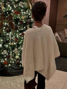 Herbst/Winter Mode weite, weiche einfarbige lose Poncho Pullover, gerippte Vorderseite, kurze Rückseite, lange asymmetrische Alltagskleidung - Aprikosenfarben - Übersicht 3