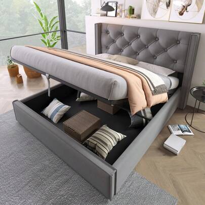Hydraulic Double Upholstered Bed 140x200cm, Bed With Slatted Frame Made Of Metal Frame, Modern Bed Frame With Storage Space, Cotton, Grey