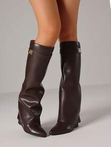 Fashion Women Knee High Boots Metal Pointed Toe Chunky Heels Fold Over Luxury Punk Goth Design Cool Women Fold Over Shoes - 棕色 - 查看 2