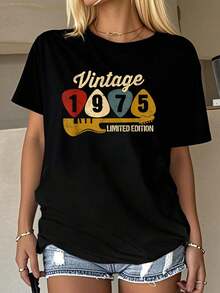 Vintage 1975 Birthday Retro Guitar 47th Birthday Party T-Shirt Graphic Tees Women Summer Tops Round Neck T Shirt 100%Cotton Women Clothing Outfits For Women Fall Women Clothes Tops For Women Black T Shirt - màu đen - Xem 1