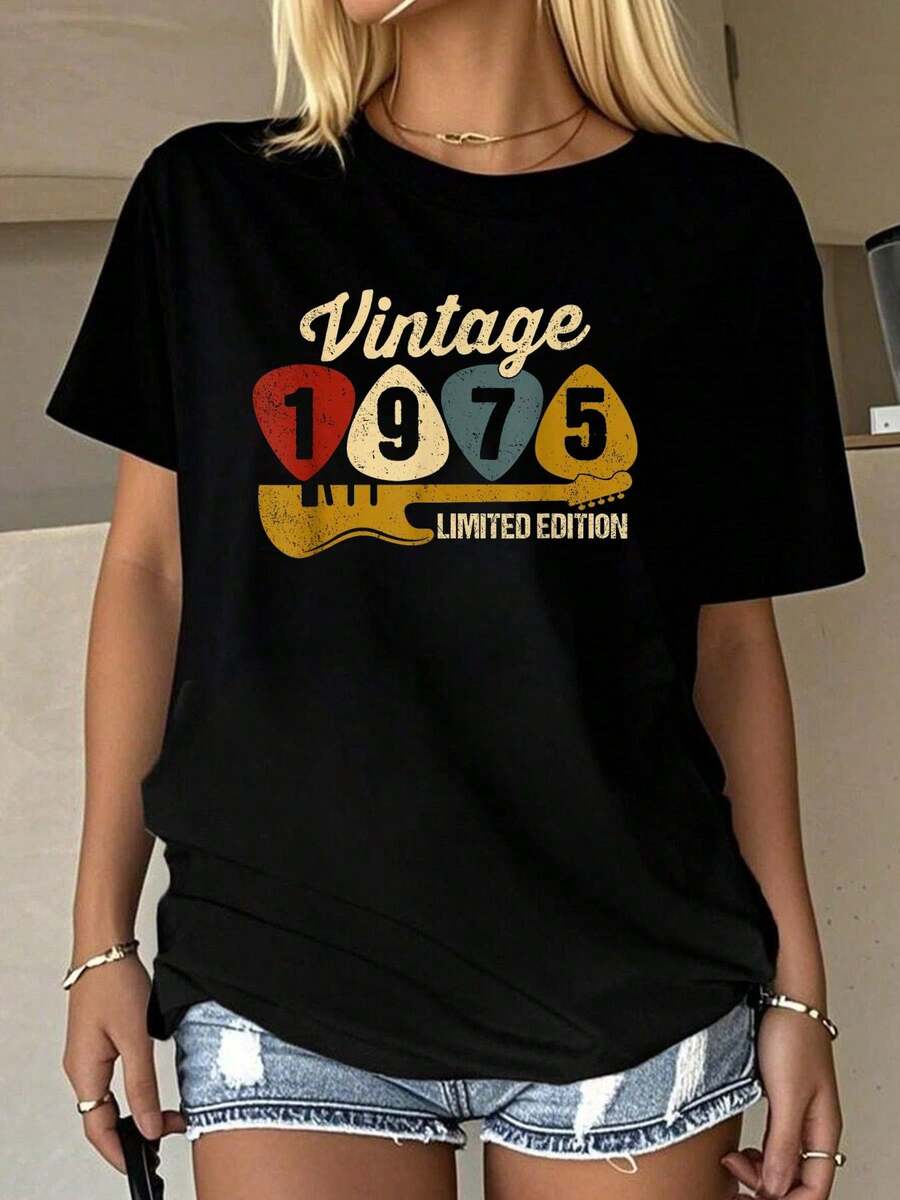 Vintage 1975 Birthday Retro Guitar 47th Birthday Party T-Shirt Graphic Tees Women Summer Tops Round Neck T Shirt 100%Cotton Women Clothing Outfits For Women Fall Women Clothes Tops For Women Black T Shirt - màu đen - Xem 1