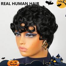 1 件女士短款卷发精灵短发真人发假发，150% 密度巴西雷米头发全机织假发，真人发黑色万圣节服装 - 黑色 - 查看 2