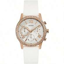 Guess Reloj de cuarzo con función solar, multifunción, cristales, esfera rosa, correa de goma, para mujer W1135L2 con calendario de mes y semana, accesorio de mujer adecuado para uso diario, fiesta, ropa, decoración, regalo de estilo para mujer