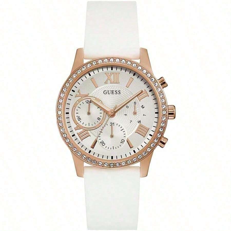 Guess Reloj de cuarzo con función solar, multifunción, cristales, esfera rosa, correa de goma, para mujer W1135L2 con calendario de mes y semana, accesorio de mujer adecuado para uso diario, fiesta, ropa, decoración, regalo de estilo para mujer