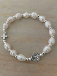 1pc Faux Pearl Beaded Flower & Cross Virgin Mary Pendant Bracelet, Vintage Style Suitable For Men And Women Daily Wear, Jewelry Gift