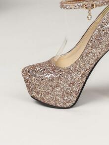 Zapatos de tacón alto de 14 cm (5,5 pulgadas) para mujer, zapatos con suela gruesa, material de lentejuelas dorado champán, tacón cómodo, decoración de lazo, tacones altos sexy con diseño de hebilla de correa única para estabilidad, adecuados para boda, pasarela, cita, fiesta formal, discoteca y otras ocasiones - Champán - Ver 5