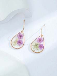 1pair Teardrop Shaped Dried Forget-Me-Not Flower Earrings With Glue Back, Suitable Women's Daily Wear Valentines - 淡紫色 - 查看 4