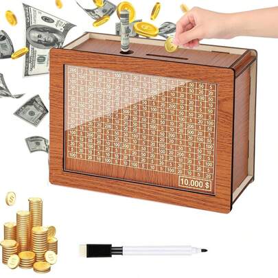 1 个木制存钱罐，DIY 木盒，带标签的儿童可重复使用存钱罐，可重复使用的硬币存钱罐，目标导向的储蓄设备，适用于储存硬币和纸币，家居装饰，男孩和女孩的礼物，儿童生日礼物，返校最佳礼物，万圣节，圣诞节礼物