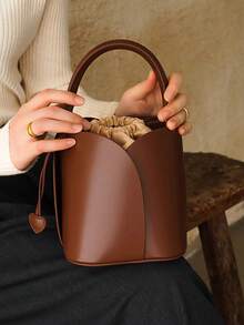 Drawstring Pocket Petal Brown New Basket Bucket Bag Niche Design Retro Women's Handbag Ladies Shoulder Crossbody Bag With Anti-Wear Rivets At The Bottom, Suitable For Weddings, Leisure, Daily Social Gatherings And Festivals