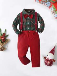 BOARNSEORL 2 件套男婴绅士装，绿色格子长袖衬衫配领结和工装裤，时尚适合生日派对、婚礼、圣诞节 - 紅色 - 查看 2
