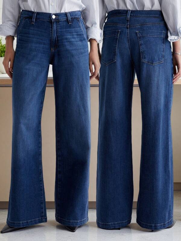 Women's Casual Blue Denim Wide Leg Jeans, Button Detail, Medium Stretch, Suitable For Daily Wear