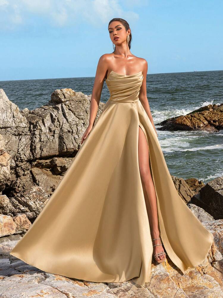 Elegant One-Shoulder Twist Detail Formal Evening Dress, Paired With Flowing A-Line Skirt, Suitable For Ladies Attending Black Tie Galas, Weddings, Awards Ceremonies, Opera Nights, And Charity Balls - Champagne - View 7
