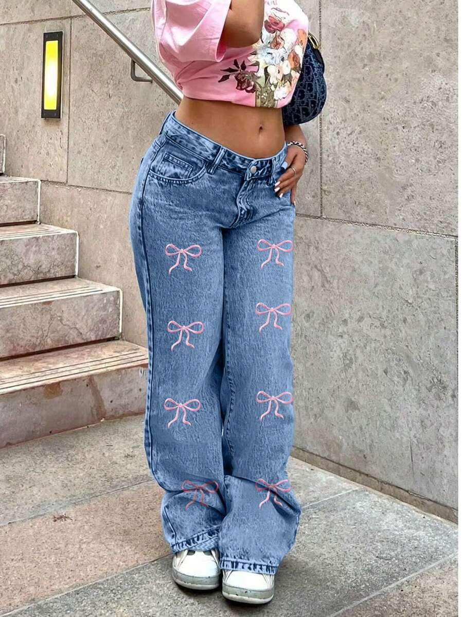 Women Classic Casual Straight Leg Jeans With Butterfly Embroidery, Versatile For Spring/Summer, Suitable For Casual, Holiday, Birthday, Party, Travel, Stage Performance, Airport