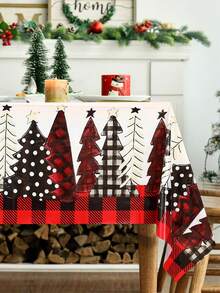 1pc Christmas Tree Tablecloth, Black Red Plaid Christmas Tree Snowflake Style Pattern Table Cloth, Christmas Party Disposable Table Cloth, Christmas Home Dining Table Cover, Home Decor, Room Decor, Table Decorations, Christmas Gifts, Xmas Party Favors, Christmas Ornaments, Merry Christmas Party Decoration Supplies, 2025 Christmas Decoration, 2026 New Year Decoration, Decor - Red Plaid Christmas Tree - View 7