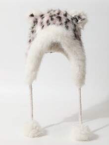 1 pieza Sombrero de estilo coreano versátil y lindo con orejas de gato, estampado de leopardo y cordones, sombrero de trampero de piel sintética gruesa y cálida para protección de orejas, a prueba de viento, para ciclismo y esquí al aire libre en otoño/invierno