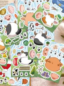 8PCS Cartoon Cow Face Swap Puzzle Sticker Cartoon Creative Personalized Stickers For Laptop Phone Waterproof Vinyl Junk Journal Sticker Boys Girls Animal Party Favors Thanksgiving Christmas Decorations Home Wall Decor