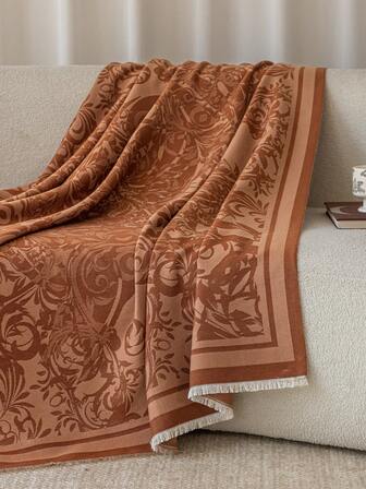 1pc Faux Cashmere Camel Color Floral & Cat Pattern Sofa Throw Blanket, Warm For Outdoor Picnic, Pet Blanket, Office/Camping Shawl, Simple Gift Outdoor Rug For Daily Use