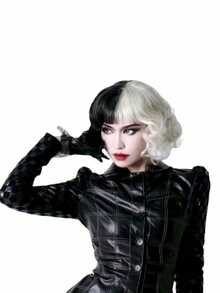 1顶女士时尚黑白阴阳卷发假发，中长款，适合各种角色扮演服装 - 彩色 - 查看 3