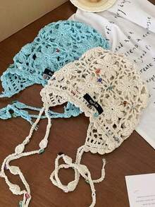 1 Stück gehäkelte, perlenbesetzte, vintage Quasten-Luftloch-Mütze