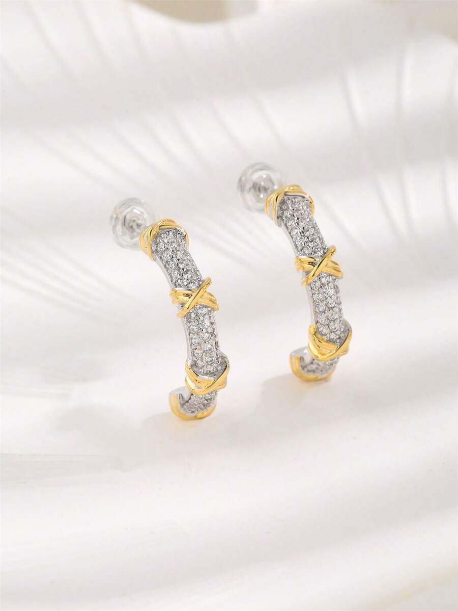 1 对 18K 镀金铜双色锆石耳环，适合女性日常佩戴 - 彩色 - 查看 1