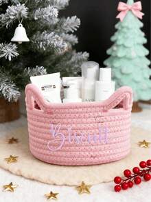 Personalized Woven Storage Basket, Customizable Name - Embroidered Rope Woven Storage Rack, Suitable For Nursery, Home Decor, Newborn Gift - Multicolor - View 4
