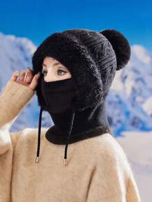 1 Pair Women's Knitted Mask Scarf Set, Autumn/Winter Warm Thermal Lined Earflap Hat Neck Gaiter