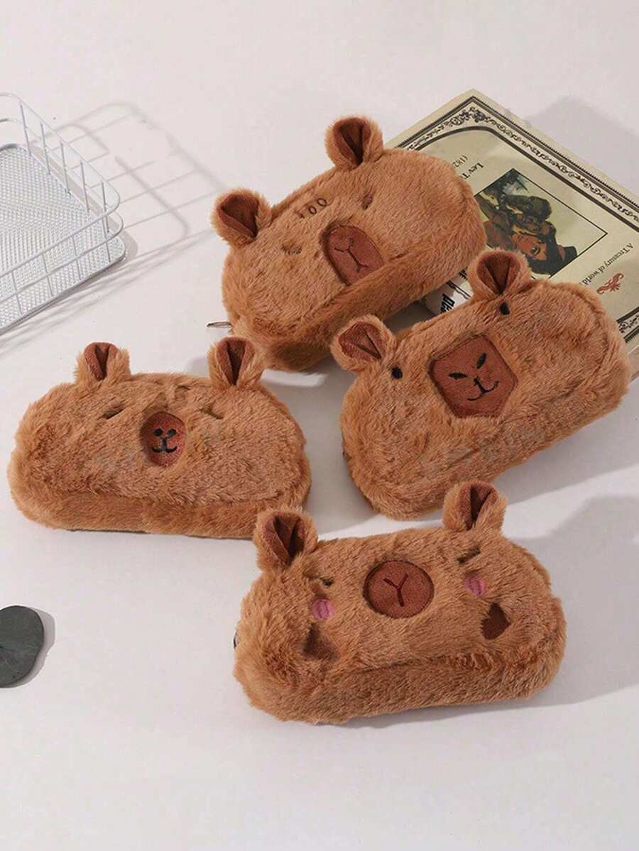 1个水豚毛绒铅笔盒，大容量文具笔盒，可爱毛绒收纳袋，便携式化妆包，柔软毛绒收纳袋 - 彩色 - 查看 1