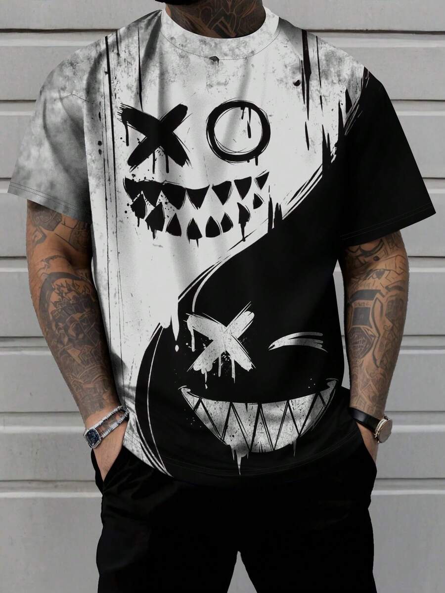 男士哥特式脸印花圆领短袖休闲T恤，夏季 - 白色 - 查看 1