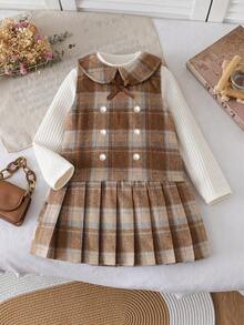 Toddler Girls' Fashion Cute Casual 2-Piece Set: Turtleneck Apricot T-Shirt + Plaid Collar Pleated Dress