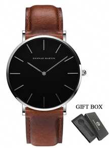 HANNAH MARTIN 1 件休闲男士手表，黑色和棕色 PU 皮革手表，简约男士石英表，搭配黑色精美盒子，理想的礼物选择 - 均碼 - 查看 15