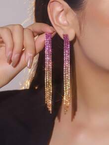 Glamorous Spring Colorful CZ Crystal Long Tassel Earrings Stud Dance Club Party Graduation Jewelry 1 Pair