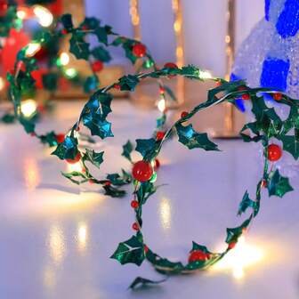 1pc LED Christmas Holly Vine String Lights With Red Berries, Green Leaf Red Fruit Wreath Fairy Lights, Ideal For Christmas Tree, Indoor, Door, New Year, Party, Wall, Festive, Holiday, Christmas Decoration - Powered By Battery Box(WITHOUT BATTERIES)