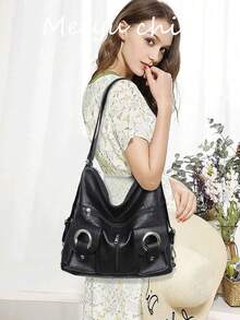 这款时尚简约的大容量女士通勤单肩包采用PU材质，配有镂空铆钉拉链，并附带双肩带和手提带。它适合旅行、通勤和学生使用，既可作为旅行背包，也可作为休闲背包。 - 黑色 - 查看 2