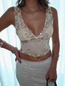 Sequin Halter Top For Women Deep V Neck Beaded Lace Crop Tops Y2K Sparkly Glitter Tank Top Going Out Rave Outfits - Màu vàng - Xem 3