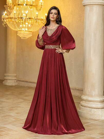 UNITHORSE Vestido largo de noche para mujer con cuello redondo, mangas farol, parches de imitación de fotocélula, lentejuelas y ajuste ceñido, ideal para dama de honor, fiesta, novia y graduación