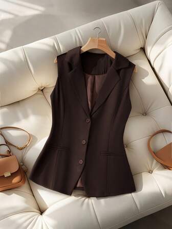 女士新款时尚优雅西装背心夹克，百搭纯色涤纶无袖背心，带假口袋，适合办公室、学校、派对、约会、春夏秋