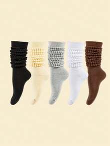 5 Pairs Solid Color Casual Slouch Socks, Suitable For Women's Daily Casual Outfits, All Season