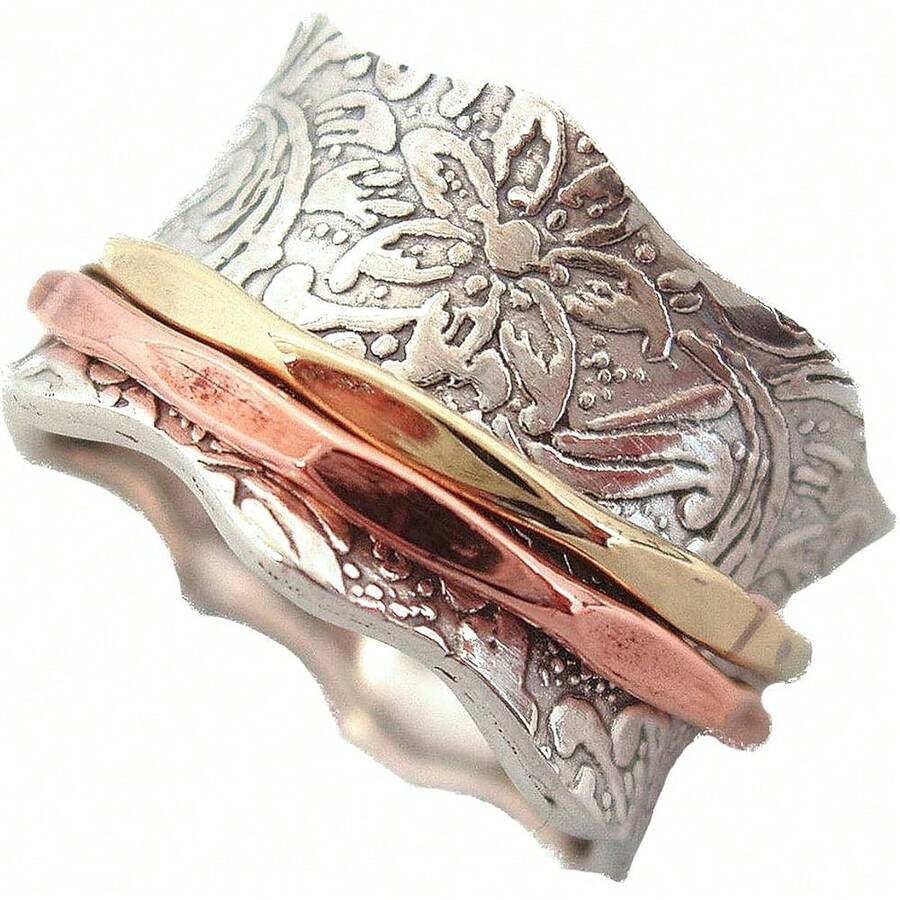 New  925 Sterling Sier Fidget Ring | Women Ner Ring | Balance And Beauty | Romantic Exquisite Beauty | Roll Prsed Floral Pattern | Artisan Made | Brass & Copper Ners | Size 5-12