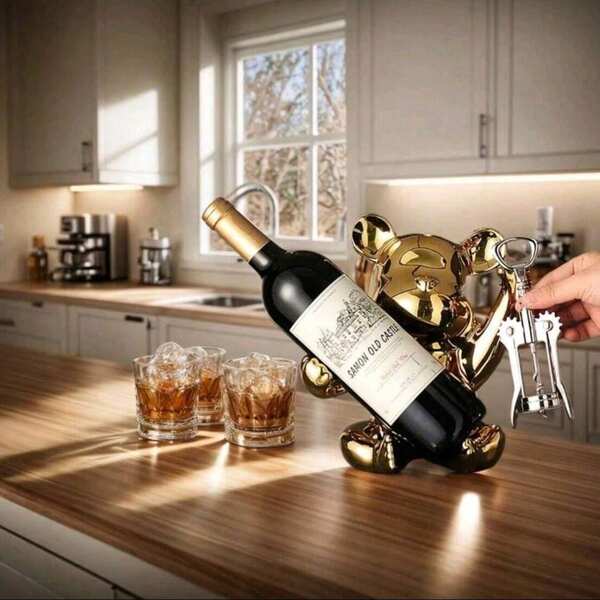 1 Stück keramischer Weinregal mit Flaschenöffner, cartoon-artige galvanisierte Bär Dekoration, geeignet für Wohnzimmer, Bar und Küchen Lagerung und Organisation