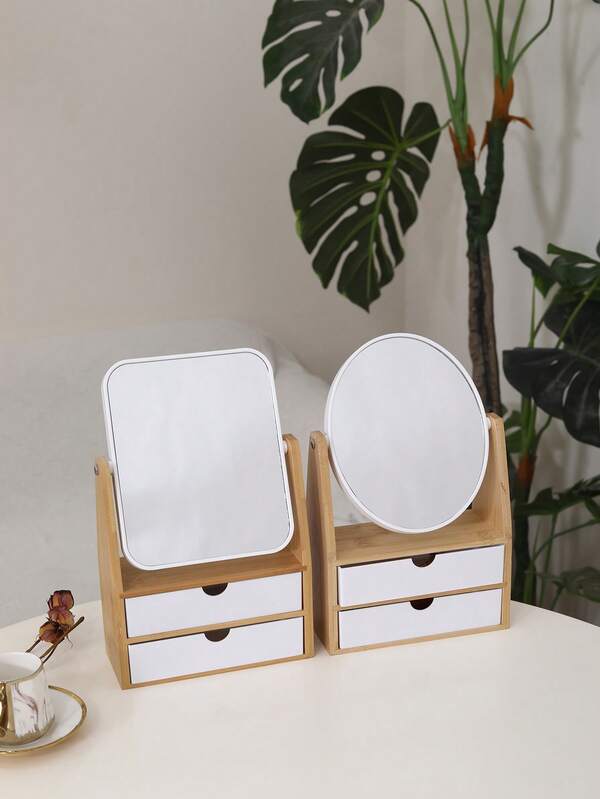 1 pièce Boîte de rangement cosmétique multifonctionnelle, miroir de maquillage grossissant double face 1X/5X rotatif à 360°, avec tiroirs et boîte à bijoux, pour ranger les pinceaux, les ombres à paupières, les rouges à lèvres, les soins de la peau, convient pour la coiffeuse, la commode, le plan de travail de la salle de bain (miroir carré/rond)