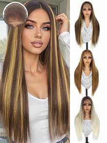 Free Part 13*6 Lace Front Wigs 28 Inches Black Brown Blonde Dark BrownStraight Hair With Natural Curls At The End Hair Glueless Lace Wigs Silky Synthetic Long Silk Straight Natural Wig Heat Resistant Fiber Wig With Baby Hair For Women,Pre-Plucked With Adjustable Straps For Daily Wear Christmas Halloween - Multicolor - View 2