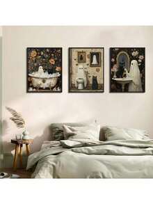 3Pcs Halloween Room Decor Home Decor Bathroom Decor Wall Arts Posters - Ghost Wall Art With Black Cat Funny Gothic Retro Horror Wall Decor Unframed 12x16 Inches ,Halloween Decor Fall Decor