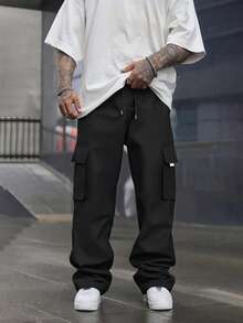 男士户外纯色工装口袋阔腿休闲裤工装裤男士宽松阔腿工装裤男士黑色工装裤